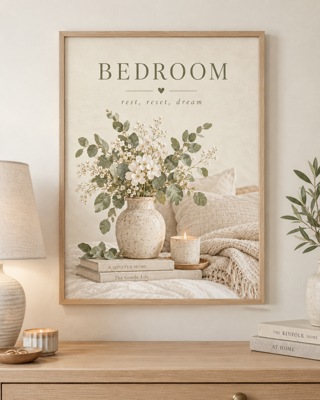 Bedroom rest reset dream quote with white flowers, sage foliage, ceramic vase, candle, books and soft neutral bedding styled in a bedroom