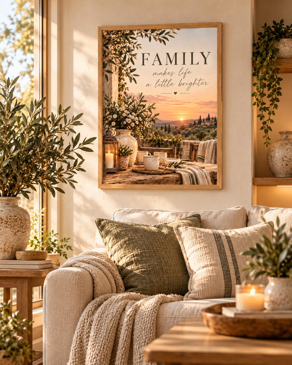Family makes life a little brighter quote with Tuscan countryside sunset, olive greenery, white flowers, rustic ceramics and candlelight styled in a living room