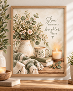Front image of Slow moments brighter days botanical artwork with flowers, books, mug and candle; print only, frame not included