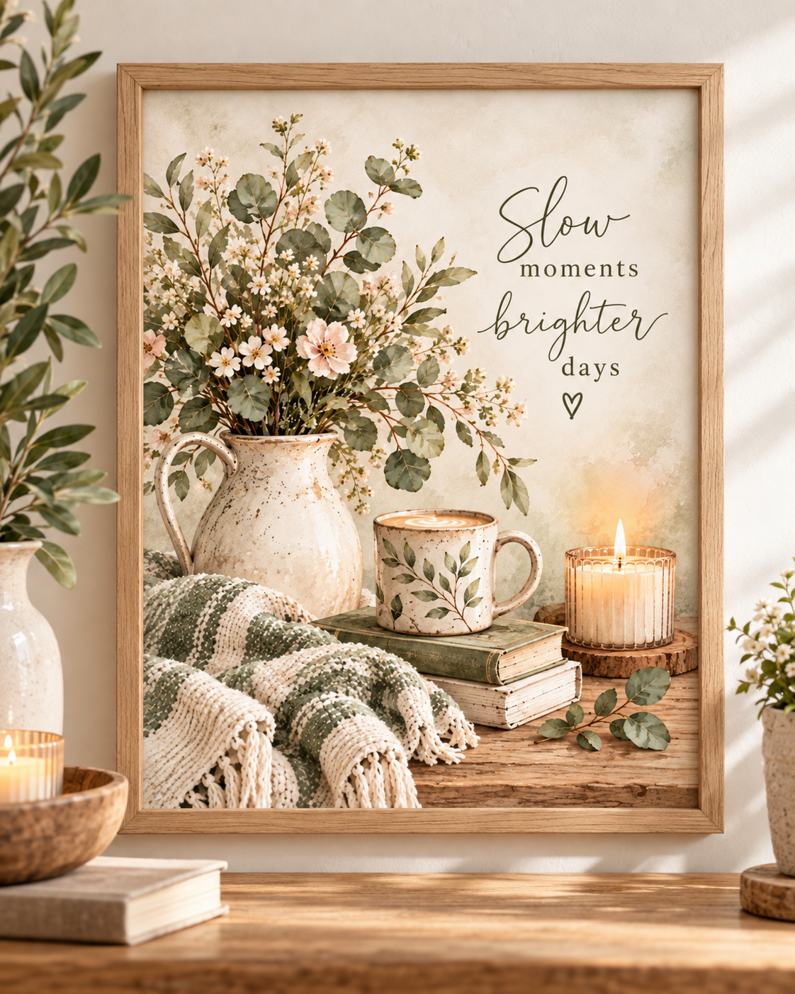 Front image of Slow moments brighter days botanical artwork with flowers, books, mug and candle; print only, frame not included