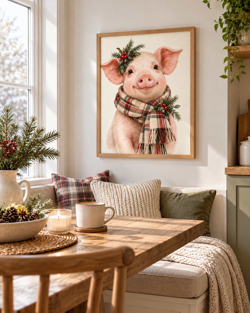 Christmas pink piglet illustration with tartan scarf, evergreen sprigs, red berries and pine cones on a warm cream background styled in a breakfast nook
