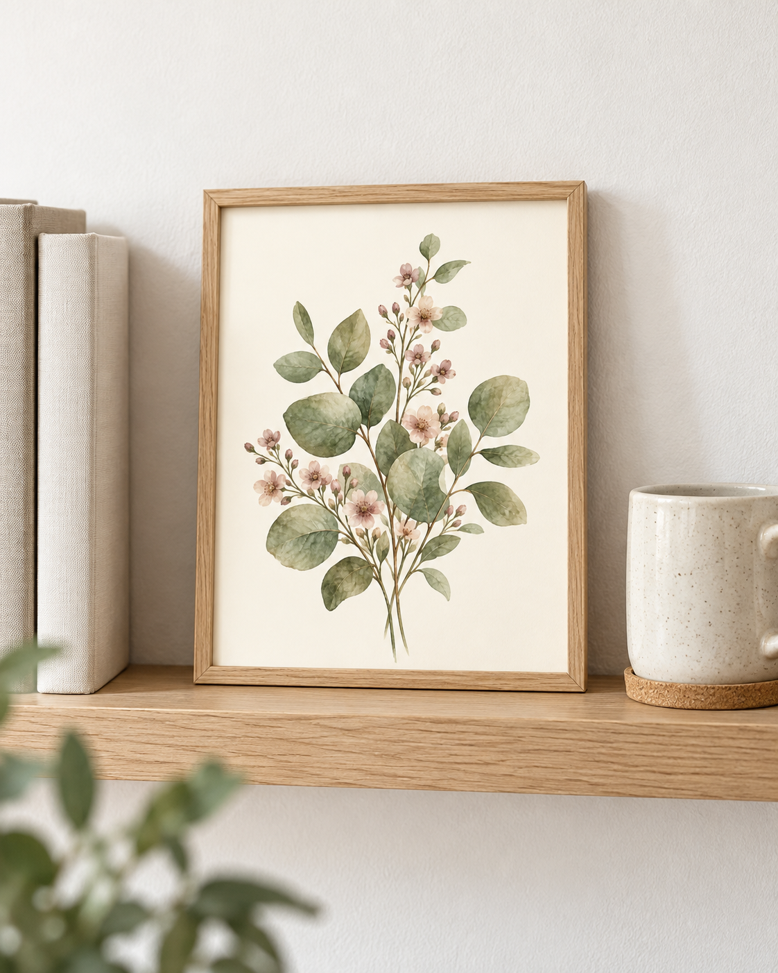 Sage green leaves and delicate blush pink flowers in a botanical watercolour arrangement styled in a shelf