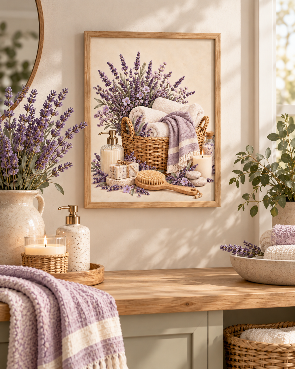 Framed lavender bathroom artwork above a wooden counter with lilac towels