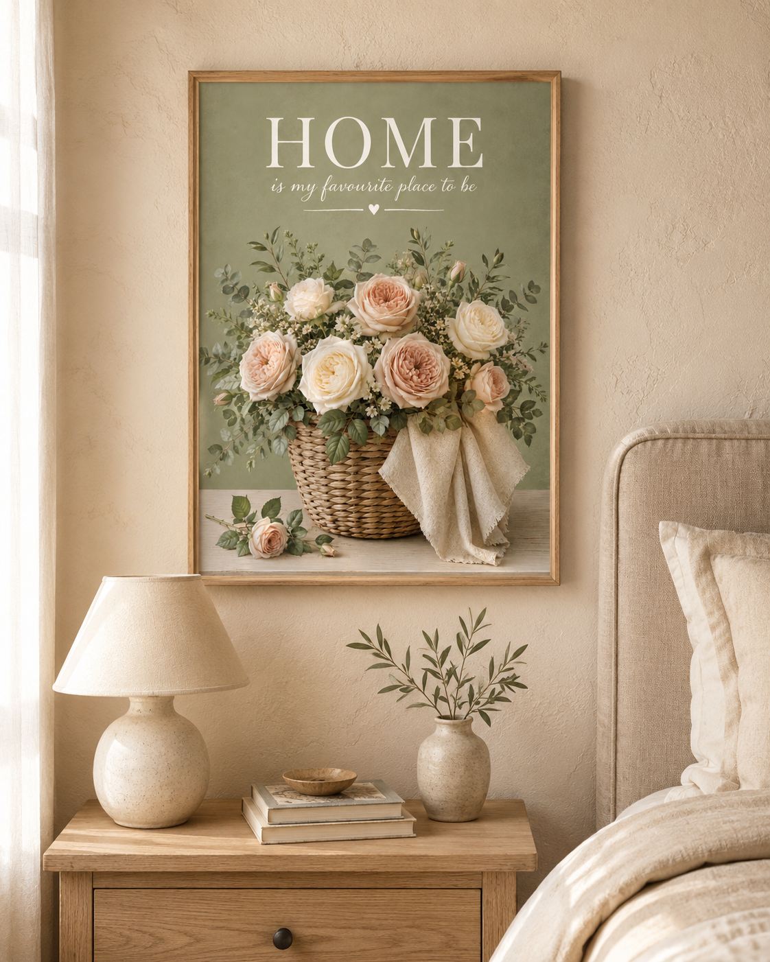 Home is my favourite place to be artwork with blush and ivory roses in a woven basket styled in a bedroom