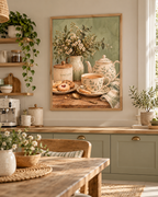 English tea and biscuits still life with floral teapot, matching teacup, cream flowers and sage-green background styled in a country kitchen