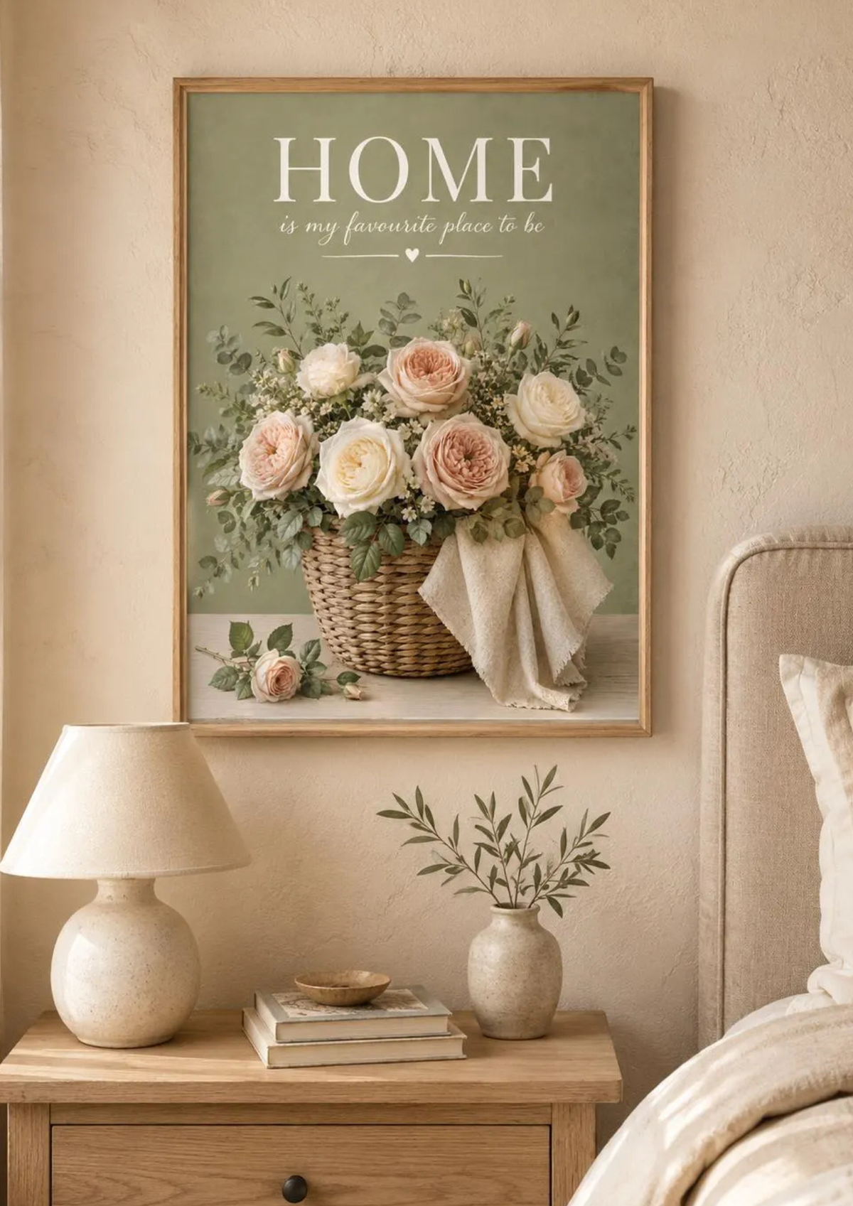 Home is my favourite place to be artwork with blush and ivory roses in a woven basket styled in a bedroom