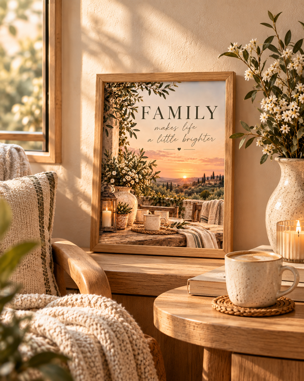 Family makes life a little brighter quote with Tuscan countryside sunset, olive greenery, white flowers, rustic ceramics and candlelight styled in a reading corner