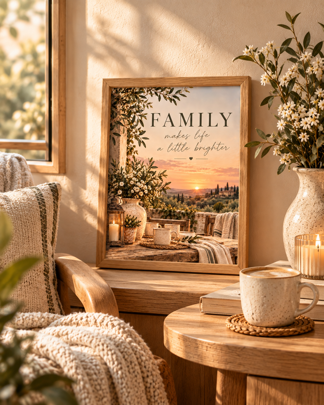 Family makes life a little brighter quote with Tuscan countryside sunset, olive greenery, white flowers, rustic ceramics and candlelight styled in a reading corner