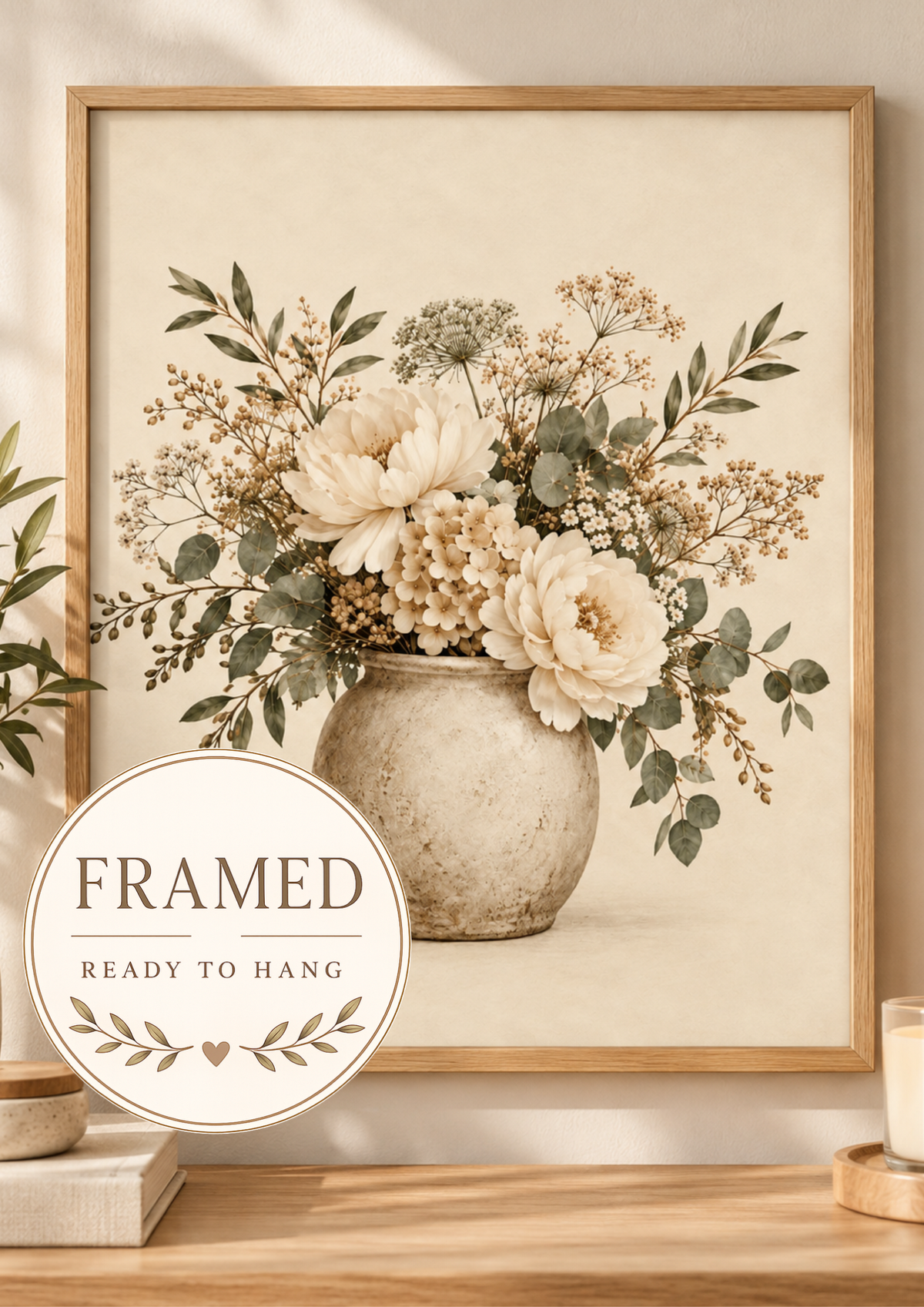 Front image of cream floral bouquet in a rustic vase, marked framed and ready to hang