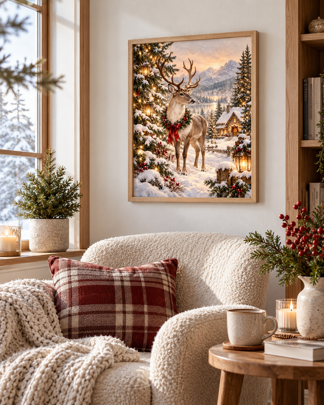 Christmas reindeer in a snowy woodland with festive lights, red ribbon, lantern and cosy mountain cottage styled in a reading corner