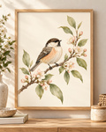 Watercolour songbird perched on a branch with pink blossom and sage green leaves against a warm ivory background; print only, frame not included