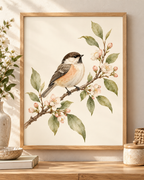Watercolour songbird perched on a branch with pink blossom and sage green leaves against a warm ivory background; print only, frame not included