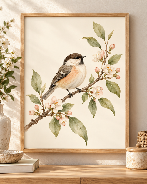 Watercolour songbird perched on a branch with pink blossom and sage green leaves against a warm ivory background; print only, frame not included