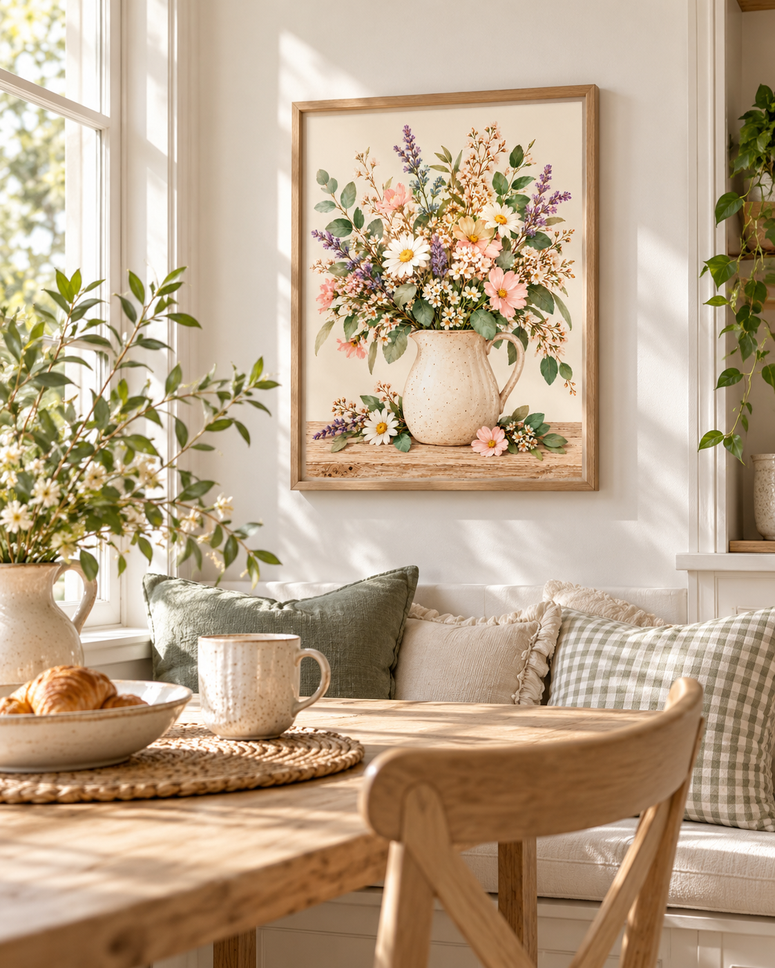 Pink wildflowers and white daisies with lavender stems and green foliage in a cream ceramic jug on a rustic tabletop styled in a breakfast nook
