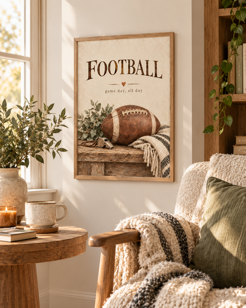 Vintage American football with game day all day wording, greenery and knitted textures styled in a living room