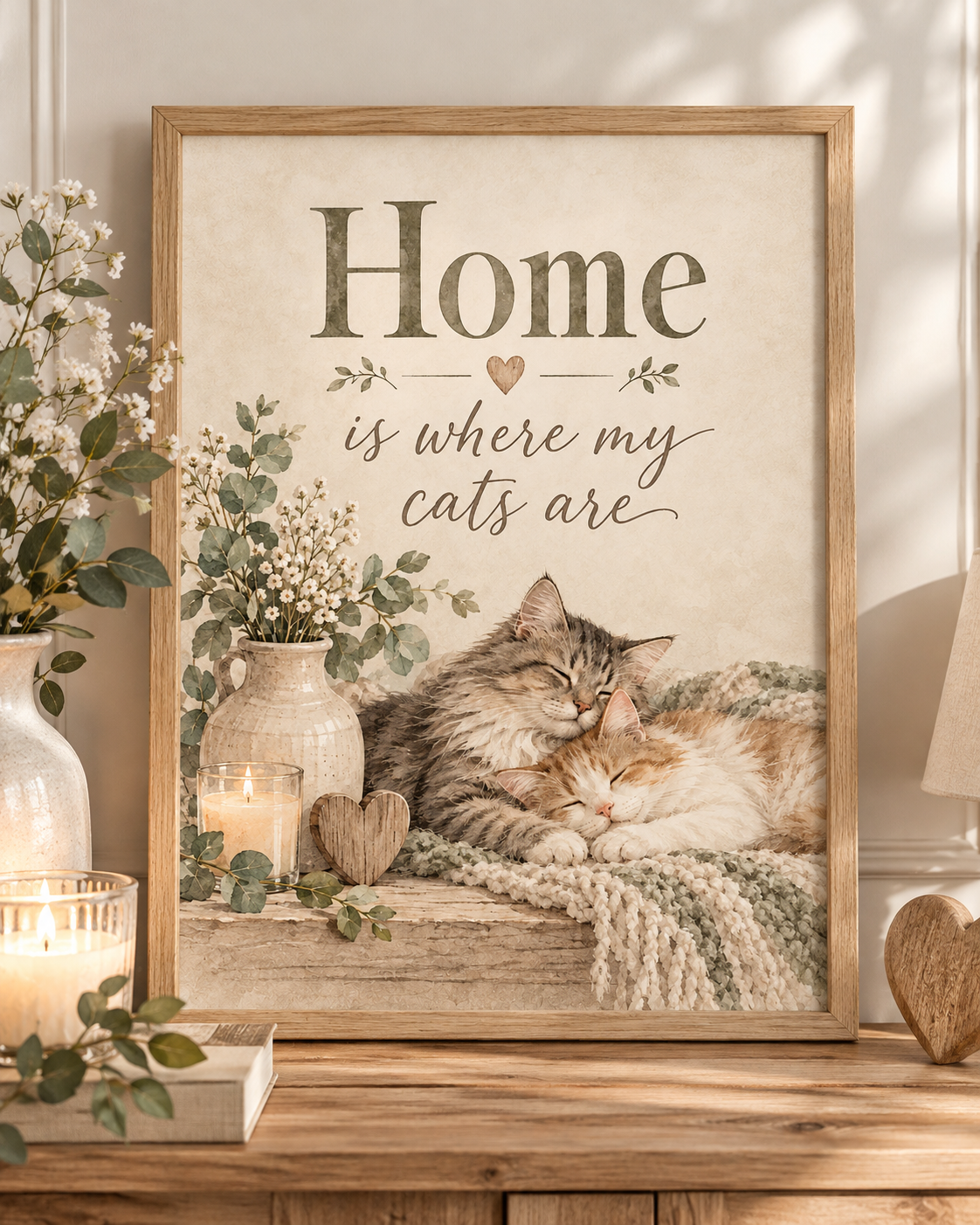 Home is where my cats are artwork with two sleeping cats, white flowers, sage foliage, candle, wooden heart and knitted blanket; print only, frame not included
