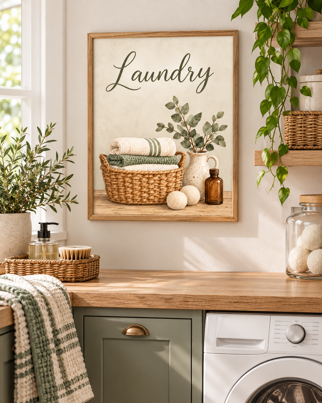 Laundry artwork with olive-green script, woven basket of folded towels, leafy ceramic jug, wool dryer balls and amber bottle styled in a utility room