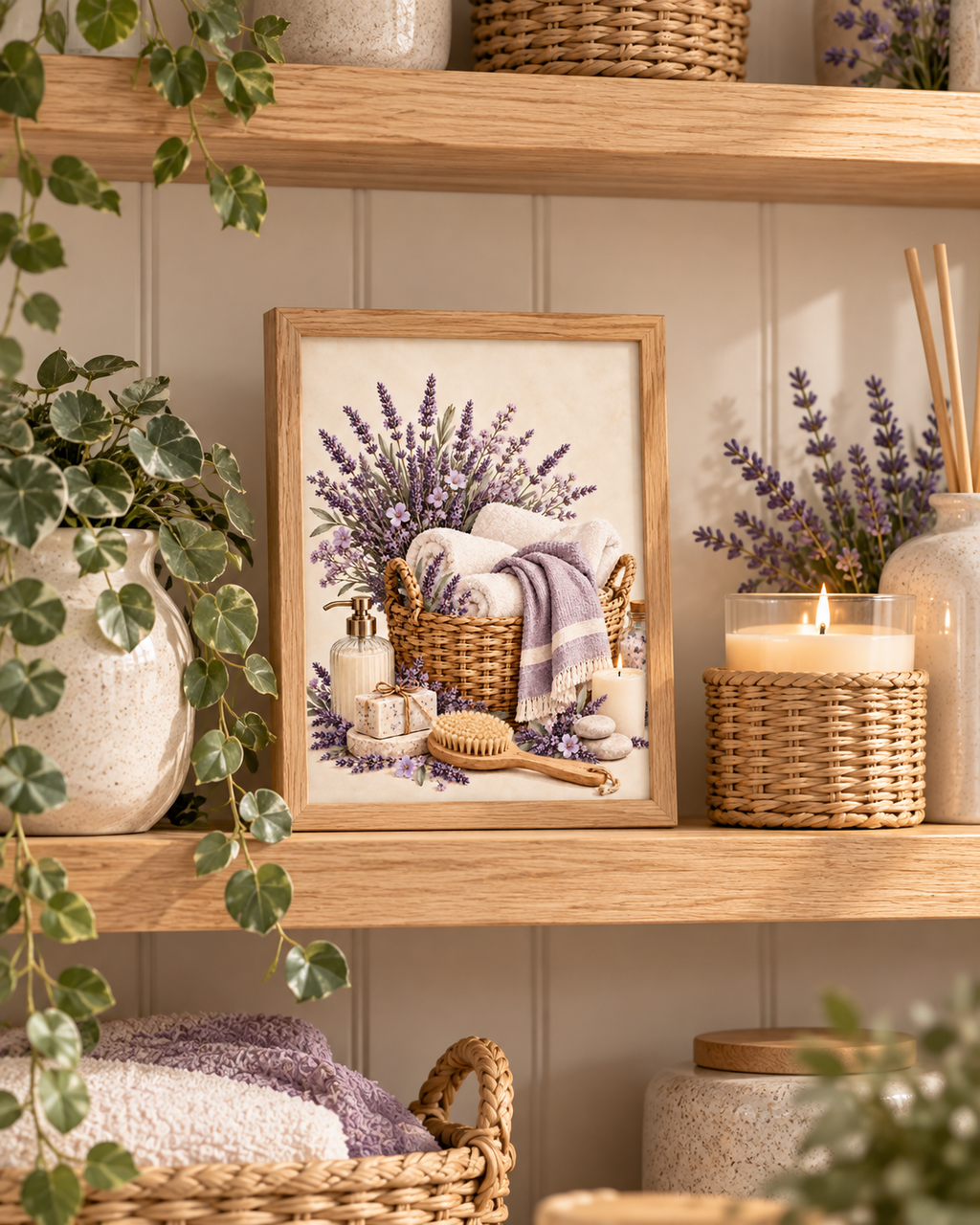 Lavender bathroom artwork styled on a wooden shelf with plants and candles