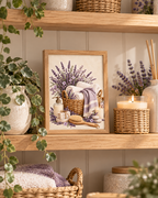 Lavender bathroom artwork styled on a wooden shelf with plants and candles