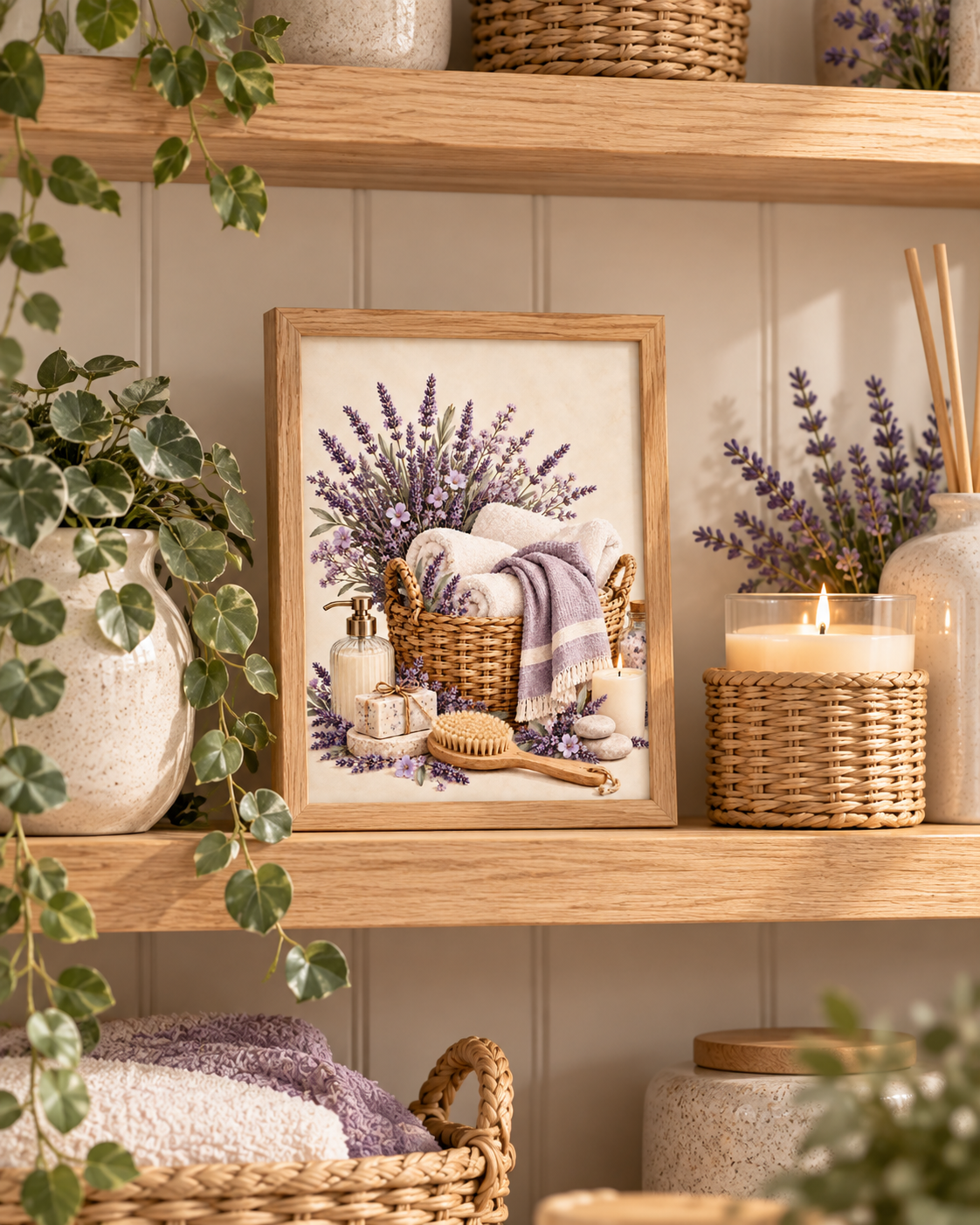 Lavender bathroom artwork styled on a wooden shelf with plants and candles
