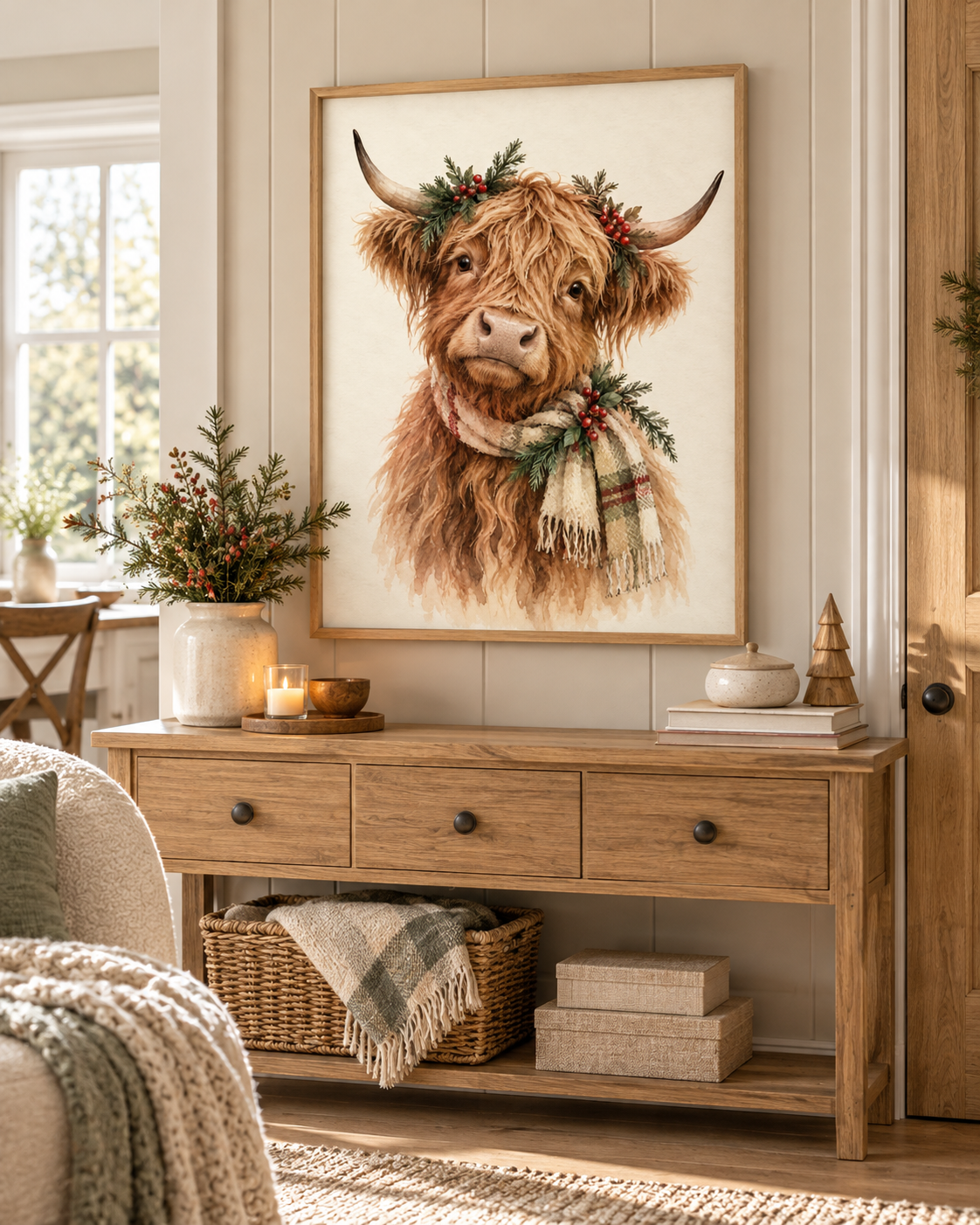 Christmas Highland cow watercolour with tartan scarf, evergreen sprigs and red berries styled in a hallway