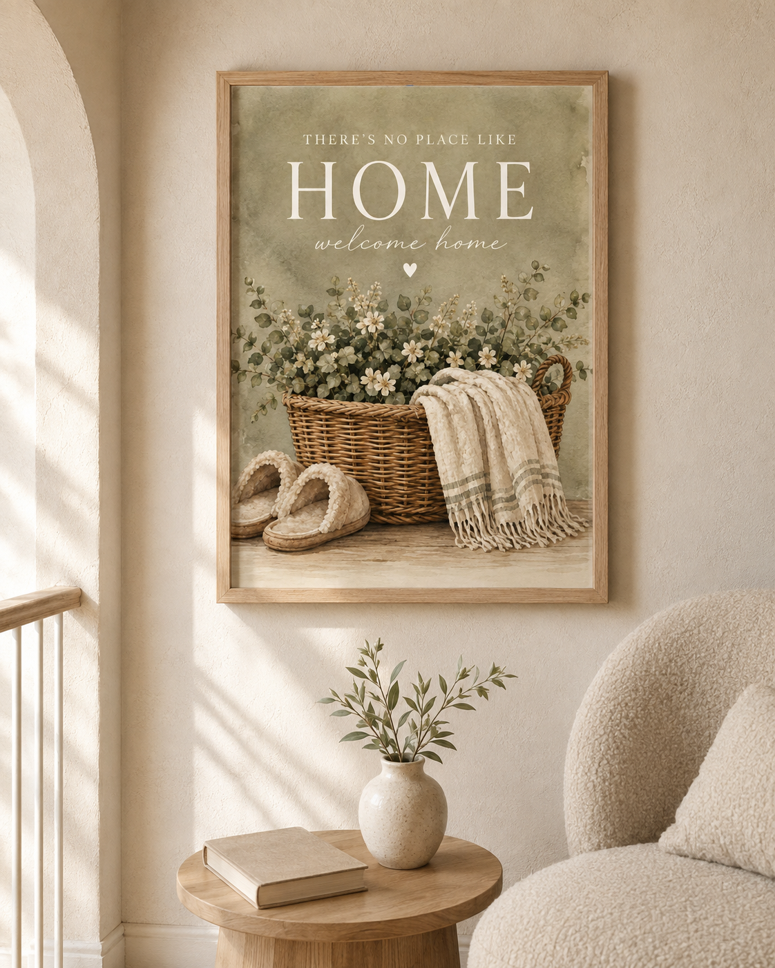 There's No Place Like Home and welcome home artwork with ivory flowers, foliage, wicker basket, cream throw and slippers styled in a reading corner
