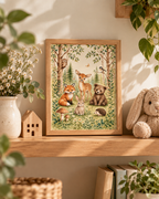 Watercolour woodland animals with fawn, fox, bear cub, bunny, hedgehog, owl and bird among trees and flowers styled in a shelf display