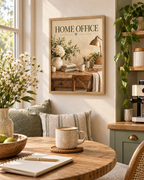 Home Office typography with a wooden desk, books, stationery, coffee mug, desk lamp and white florals styled in a reading corner