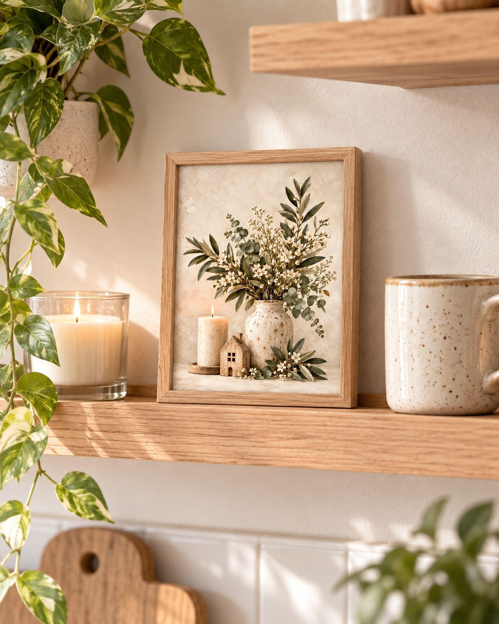 Neutral botanical artwork with white flowers, foliage, a cream vase, candle and wooden house on a wooden shelf