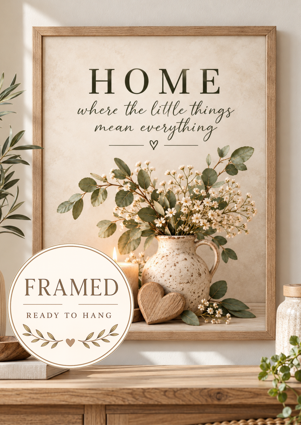 Front image of Home quote artwork with white flowers, candle and wooden heart, marked framed and ready to hang