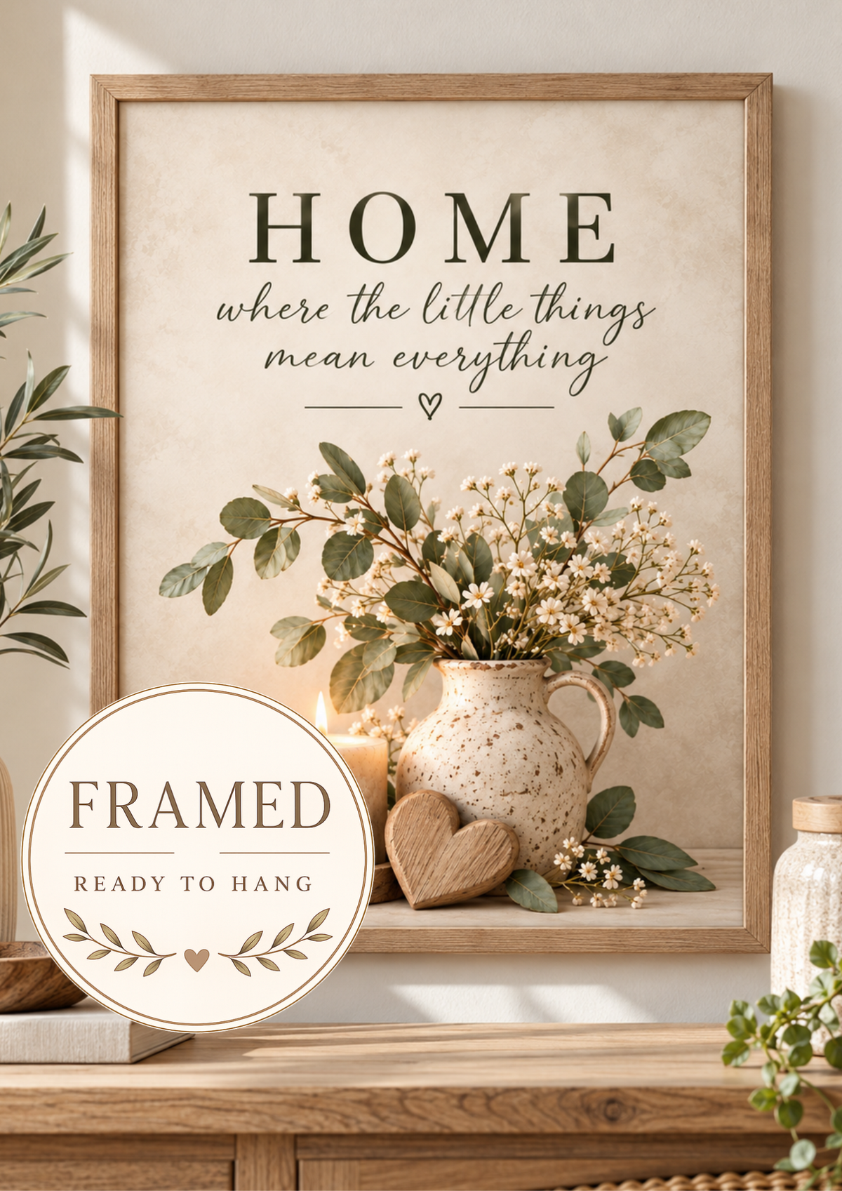 Front image of Home quote artwork with white flowers, candle and wooden heart, marked framed and ready to hang