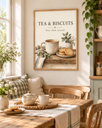 Tea and Biscuits quote, brew dunk unwind, with speckled ceramic mug, biscuits, sage foliage and cream background styled in a dining area