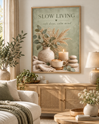 Slow Living artwork with sage green foliage, dried grasses, a coffee cup, candle, ceramic vase and pebbles styled in a living room