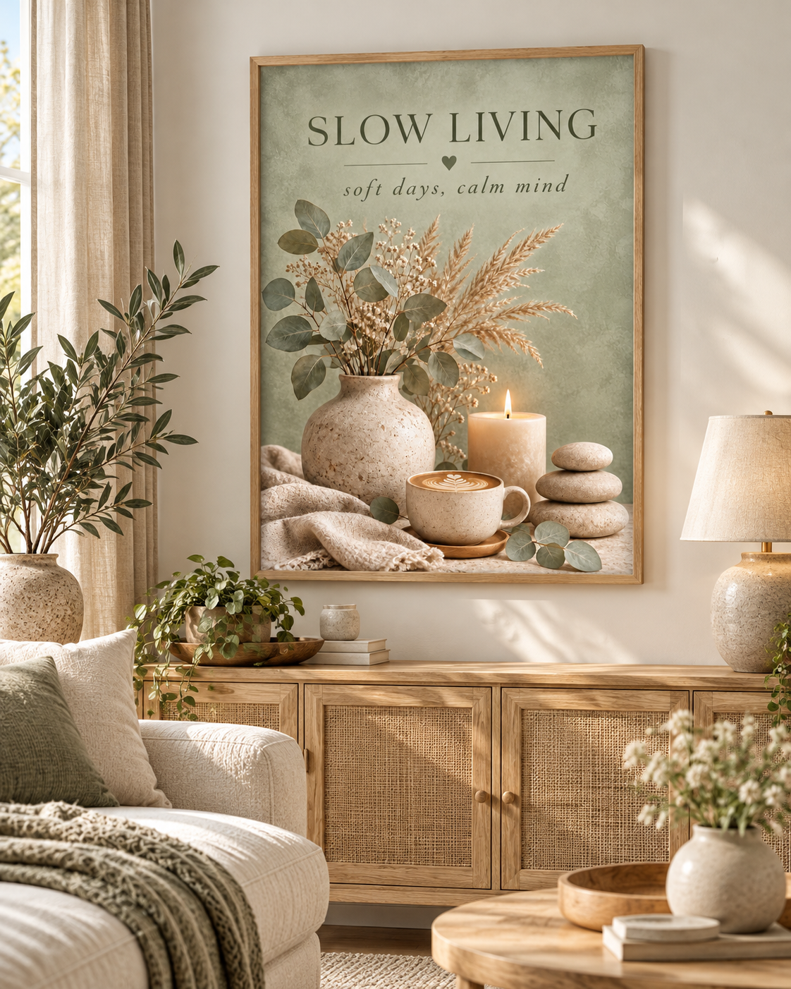 Slow Living artwork with sage green foliage, dried grasses, a coffee cup, candle, ceramic vase and pebbles styled in a living room