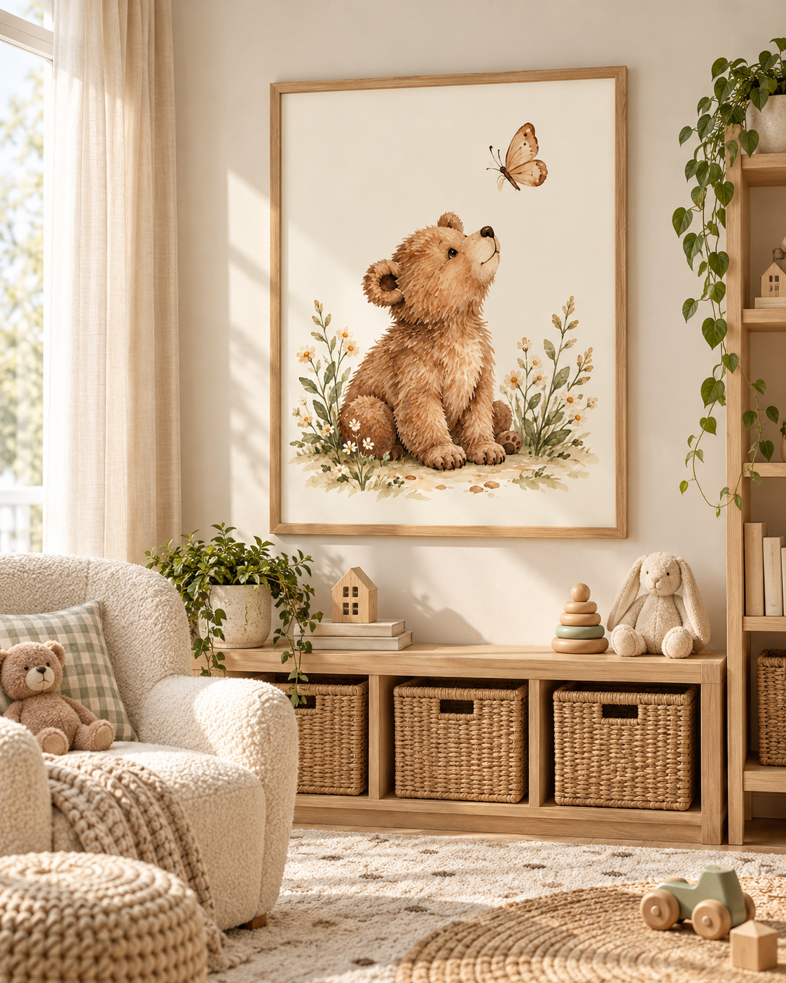 Watercolour teddy bear with paws resting down, looking up at a butterfly among daisies and soft foliage styled in a nursery
