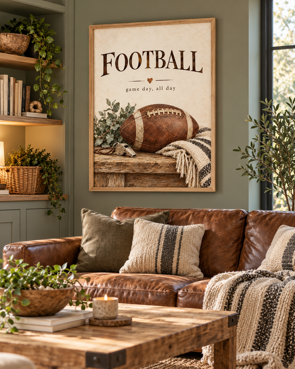 Vintage American football with game day all day wording, greenery and knitted textures styled in a living room