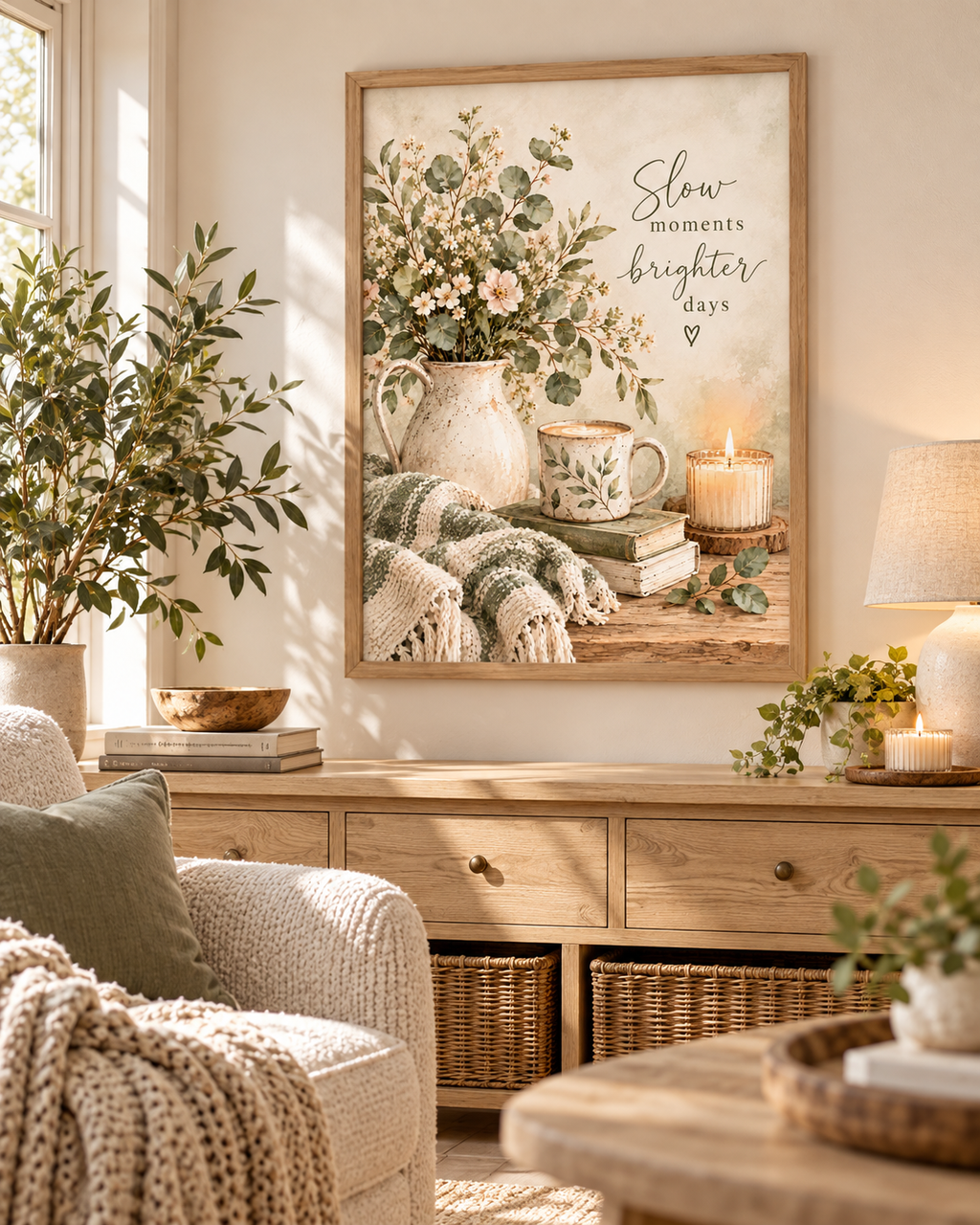 Slow moments brighter days artwork above a wooden sideboard