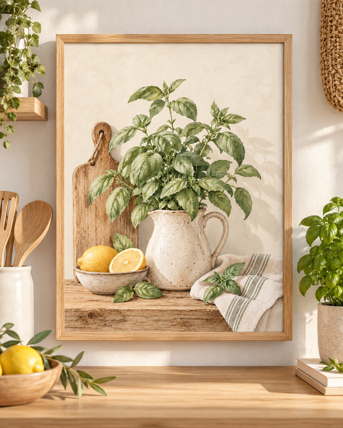 Watercolour basil plant in a speckled ceramic jug with lemons, wooden chopping board and striped kitchen cloth; print only, frame not included