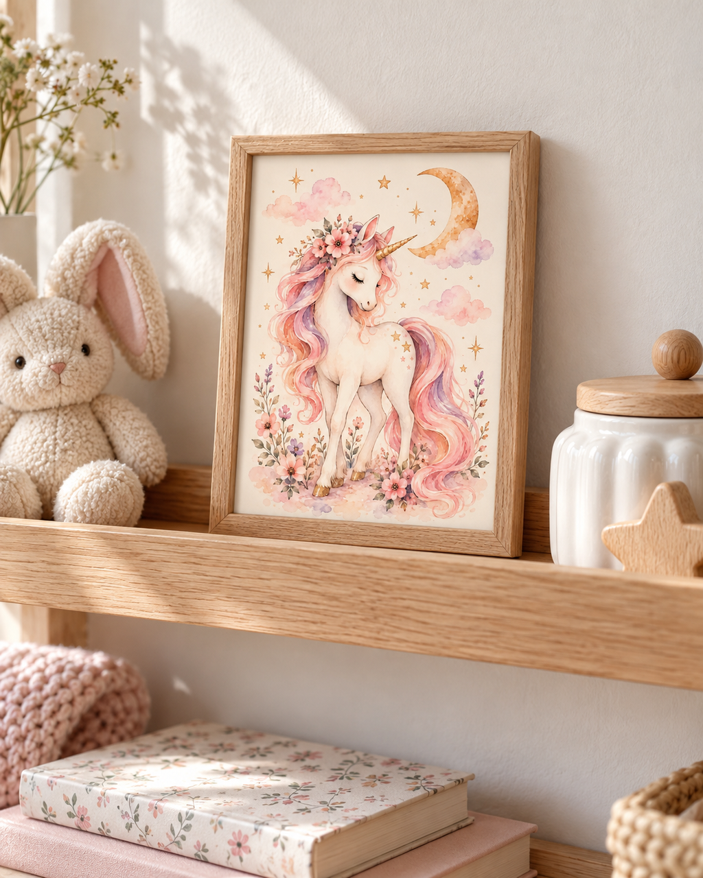 Pink and lilac watercolour unicorn with floral crown, golden crescent moon and stars styled in a nursery shelf