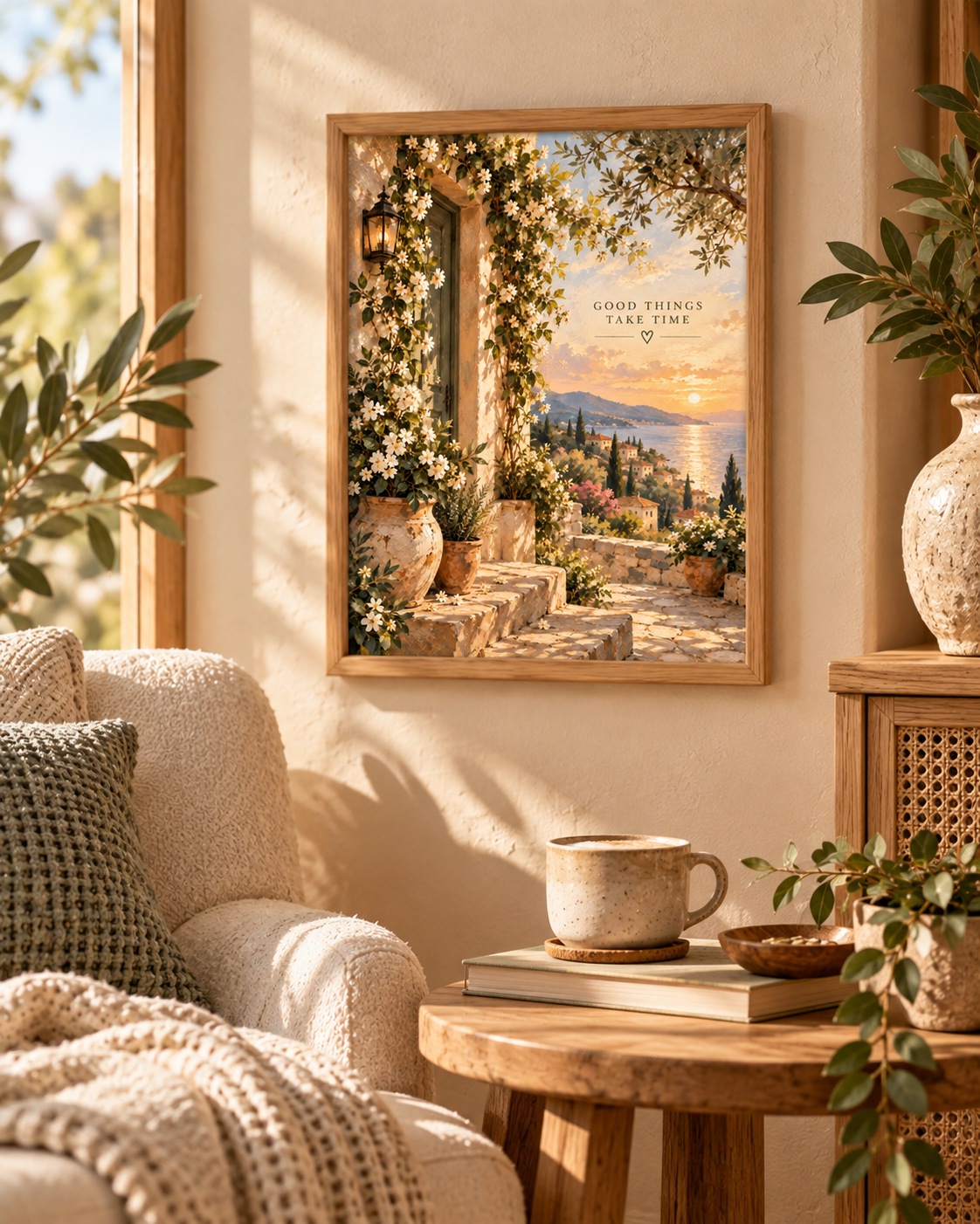 Mediterranean coast with sunset, flowers and Good Things Take Time quote styled in a reading corner