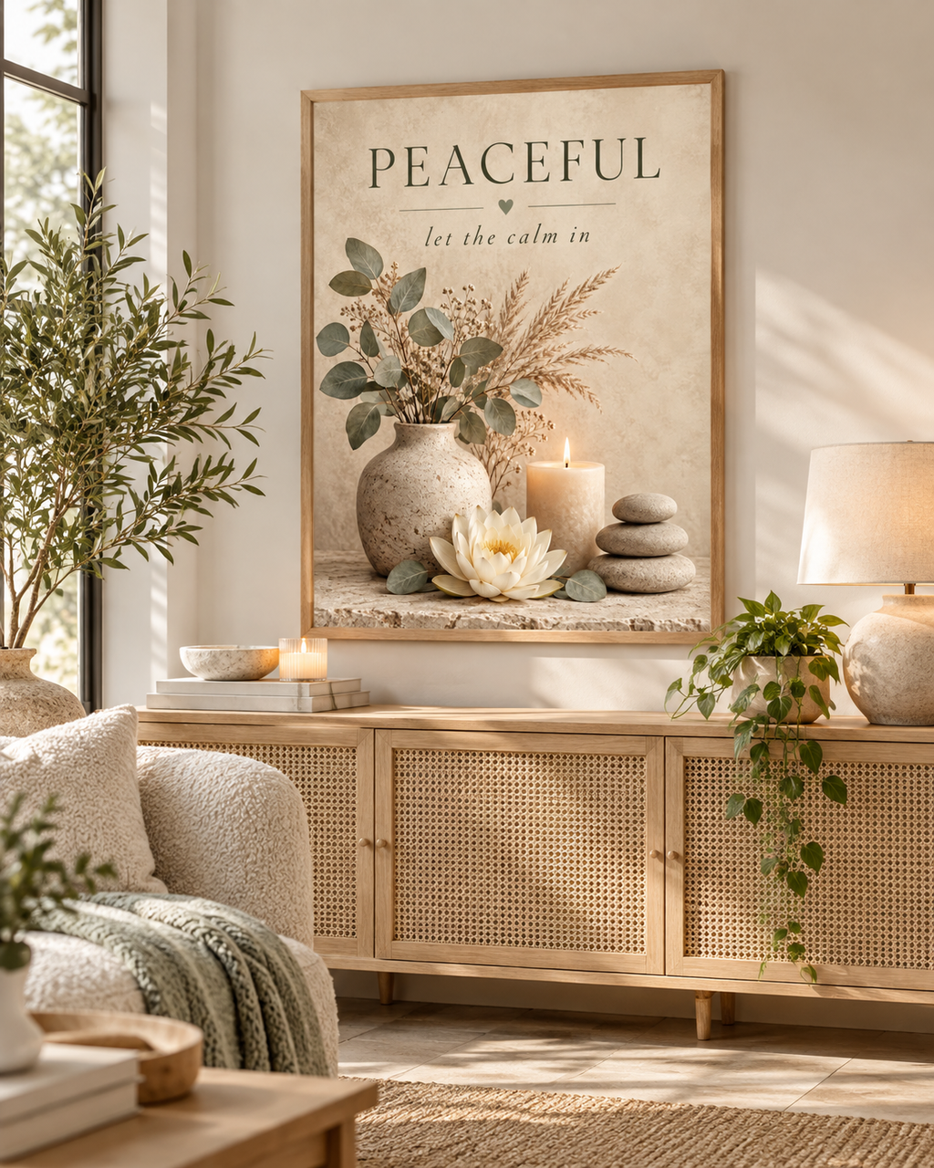 Peaceful let the calm in botanical artwork with eucalyptus, dried grasses, lotus flower, candle and stacked stones styled in a living room
