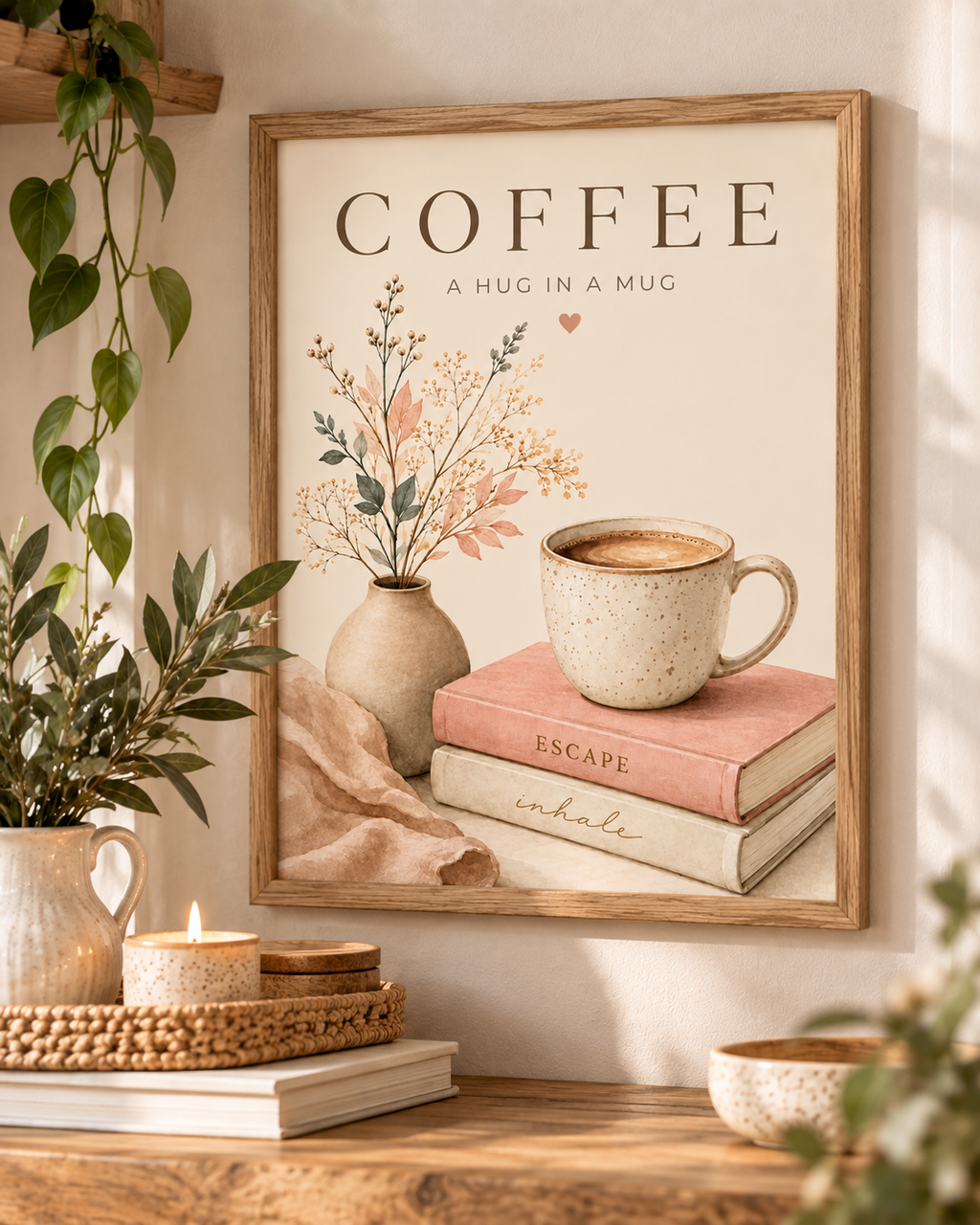 Botanical coffee print on a warm neutral wall beside leafy plants
