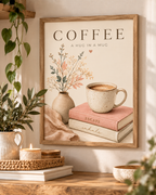 Botanical coffee print on a warm neutral wall beside leafy plants