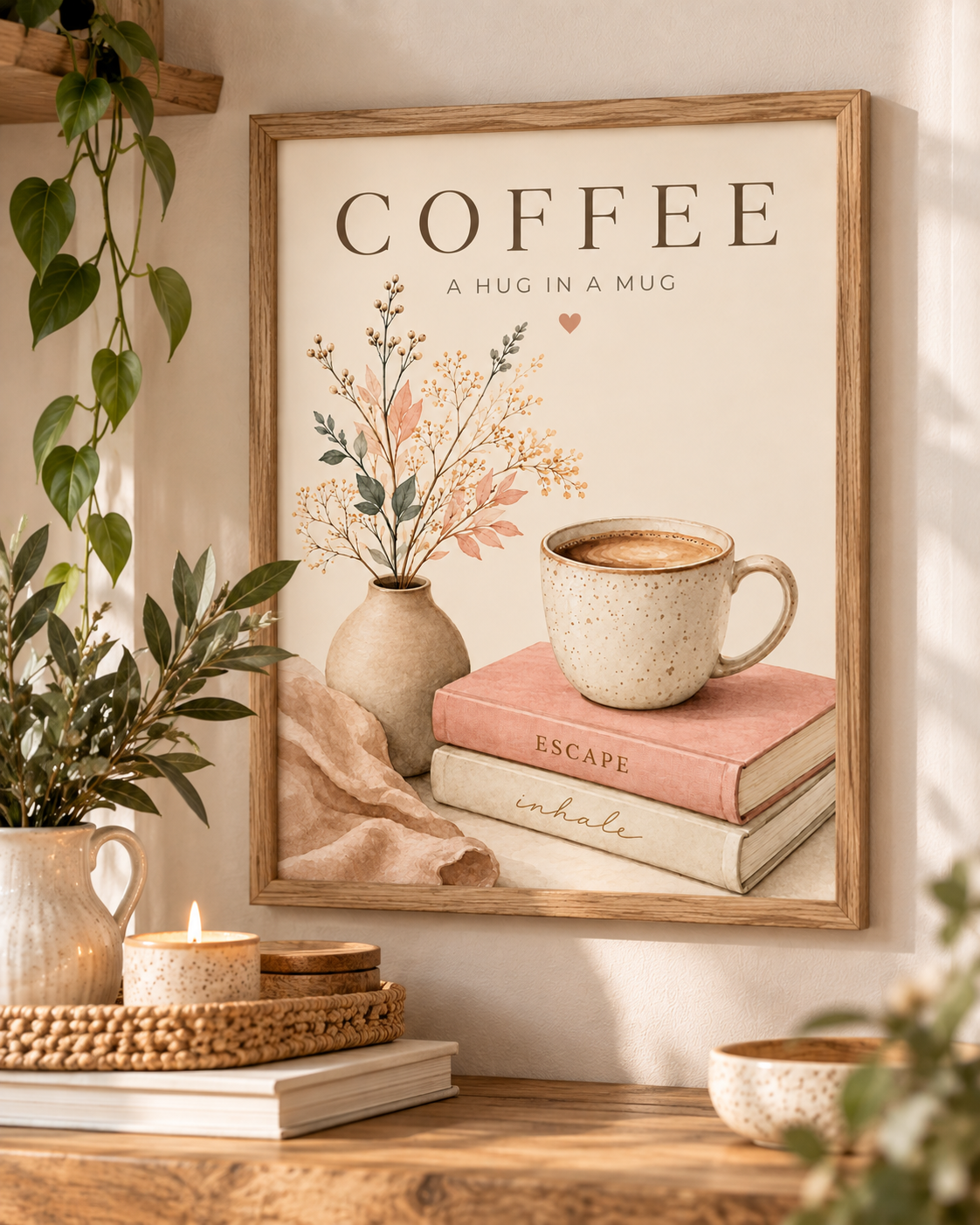 Botanical coffee print on a warm neutral wall beside leafy plants