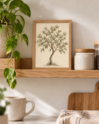 Watercolour botanical tree with sage green leaves, ivory white blossoms and a curved natural trunk on warm ivory styled in a shelf display
