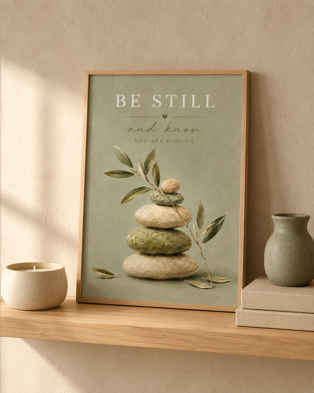 Be Still and Know You Are Enough quote with sage-green balancing stones and delicate olive branches styled in a shelf display