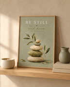 Be Still and Know You Are Enough quote with sage-green balancing stones and delicate olive branches styled in a shelf display