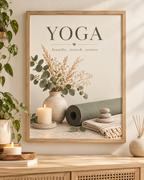 Yoga breathe stretch restore artwork with sage green yoga mat, eucalyptus, dried flowers, candle and stacked stones; print only, frame not included