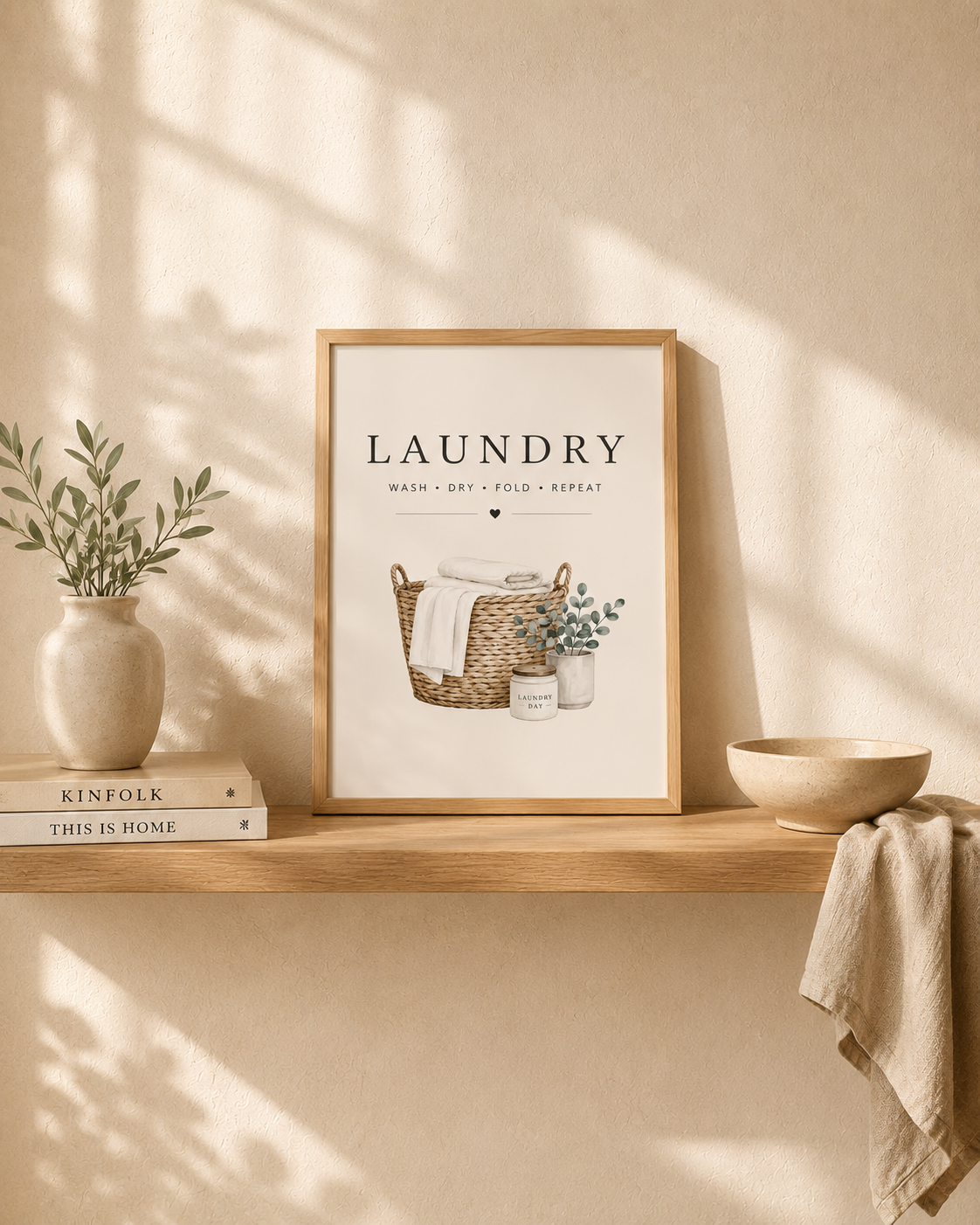 Laundry basket with folded linens, foliage and wash dry fold repeat lettering on a wooden shelf