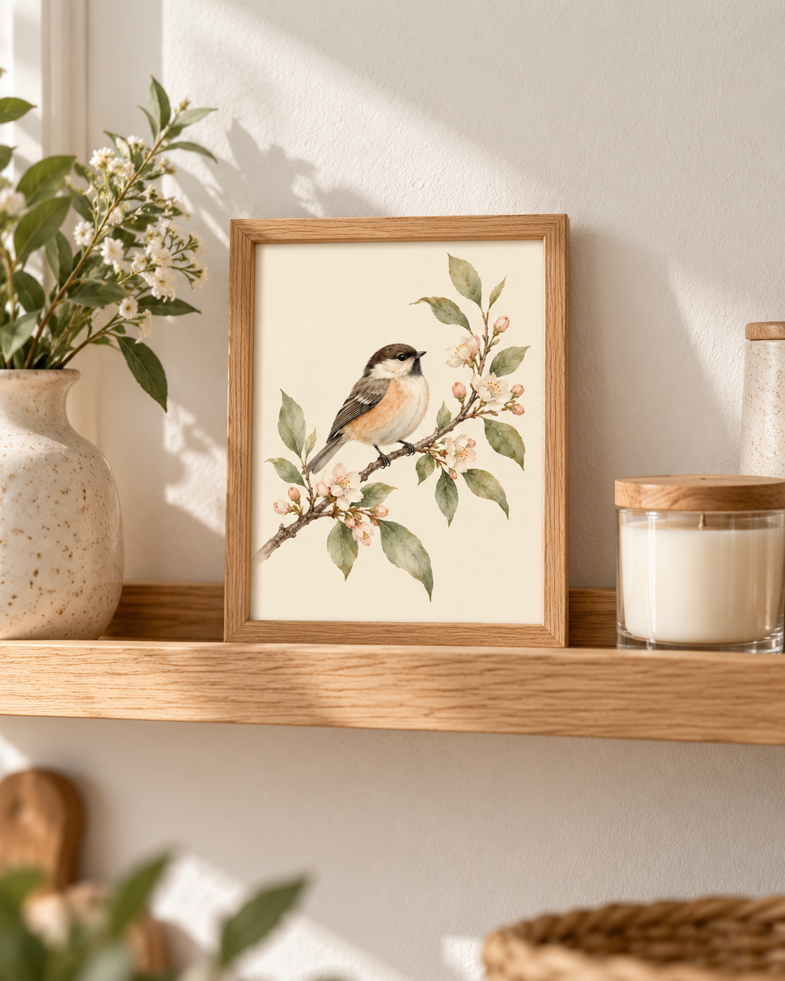 Watercolour songbird perched on a branch with pink blossom and sage green leaves against a warm ivory background styled in a shelf